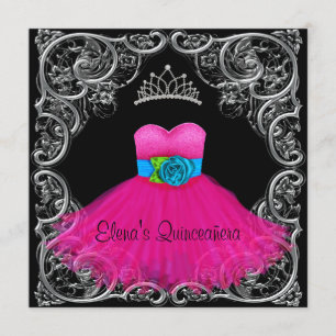 Invitation Cartons d'invitation Quinceanera rose chaud noir