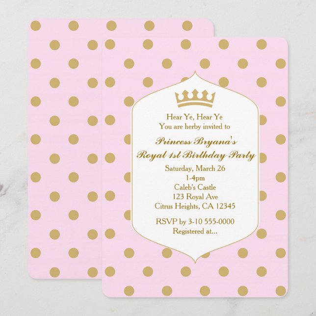 Invitation Cartons d'invitation Rose et Or points Couronne Ro (Devant / Derrière)