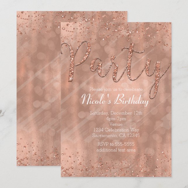 Invitation Cartons d'invitation rose gold pour fête d'anniver (Devant / Derrière)