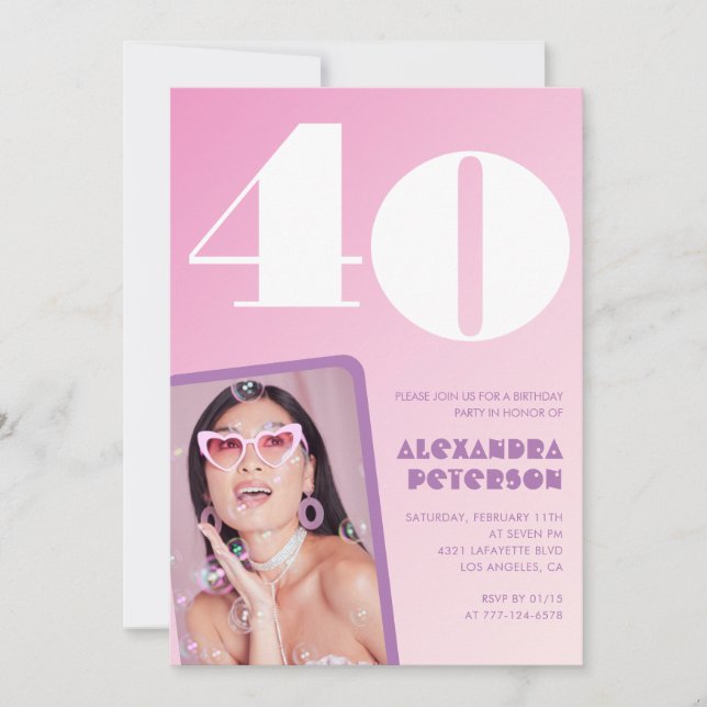 Invitation Cartons d'invitation rose pour 40 ans avec photo r (Devant)