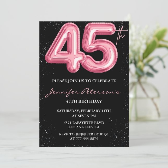 Invitation Cartons d'invitation rose pour 45 ans Balloon Glam (Debout devant)