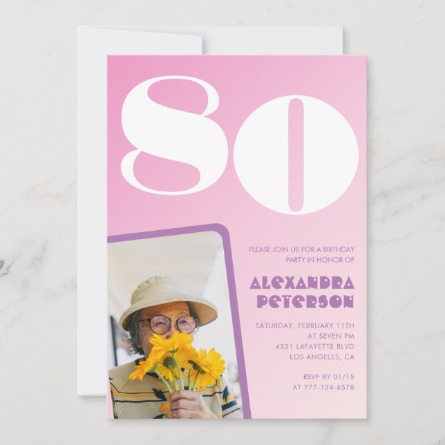 Invitation Cartons d'invitation rose pour 80 ans avec photo r (Devant)