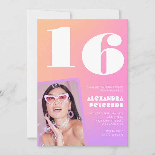 Invitation Cartons d'invitation rose pour ses 16 ans avec Pho (Devant)