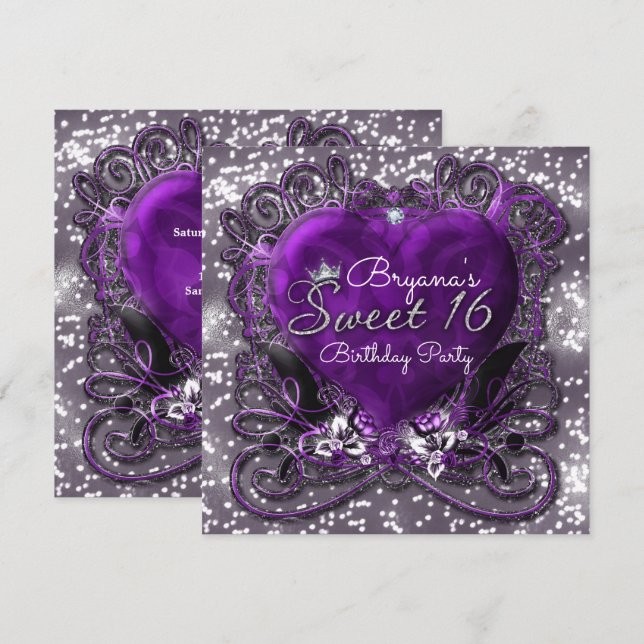 Invitation Cartons d'invitation Sweet 16 Purple & Silver Hear (Devant / Derrière)