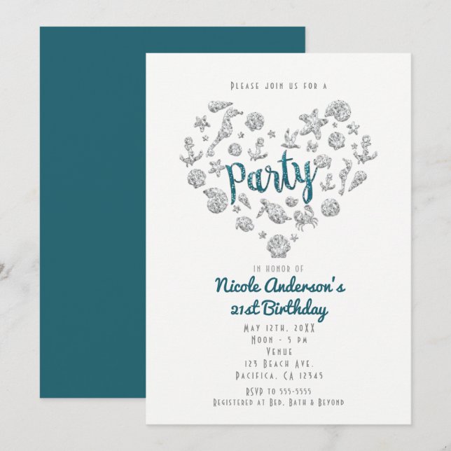 Invitation Cartons d'invitation Teal Beach Glam Diamond Heart (Devant / Derrière)