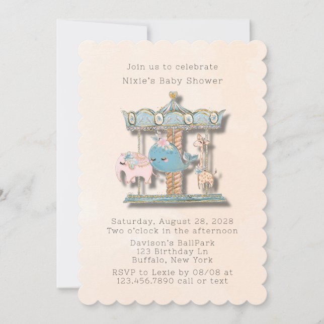 Invitation Cartoon Animaux Baby shower carrousel (Devant)