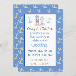 Invitation Cartoon bleu blanc et Mariage or