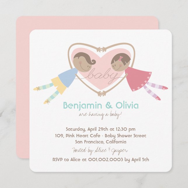 Invitation Cartoon Boy Hearts Girl Love Couples Baby shower (Devant / Derrière)