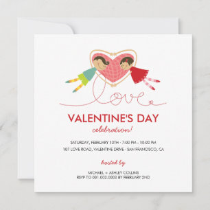 Invitation Cartoon Boy Hearts Girl Love Valentine Party Card