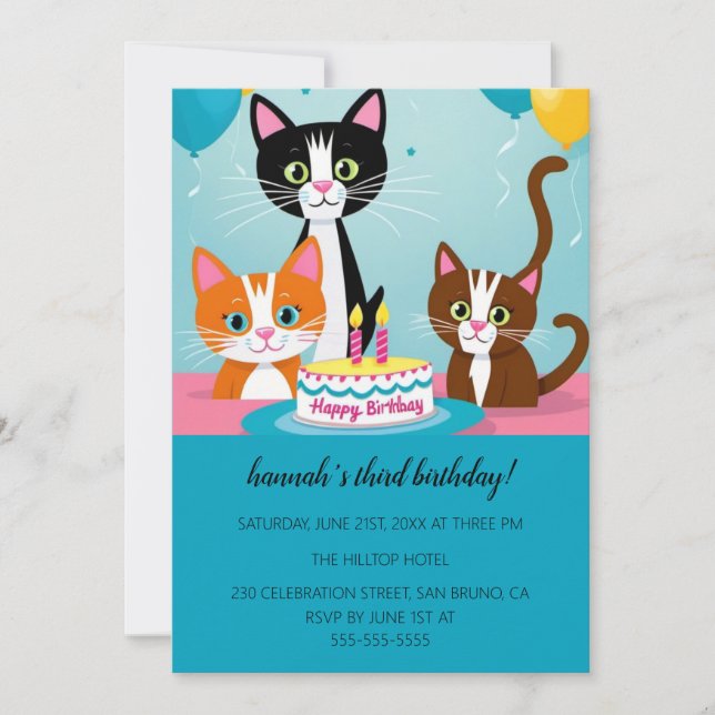 Invitation Cartoon Cats Enfants Purr-fect Anniversaire Fête I (Devant)