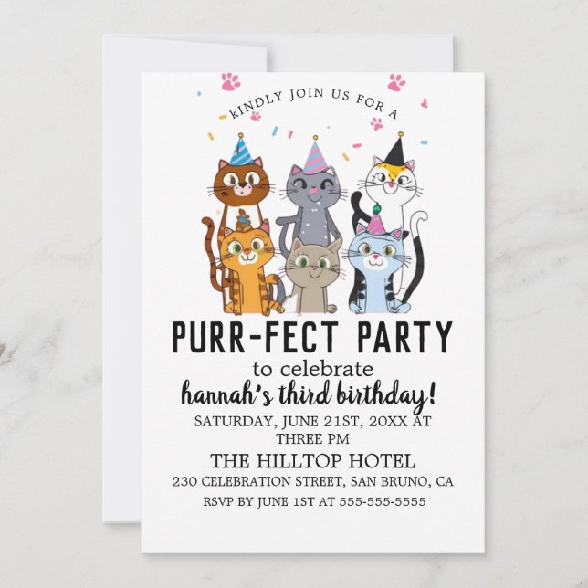 Invitation Cartoon Cats Purr-fect Enfants Anniversaire Fête I (Devant)