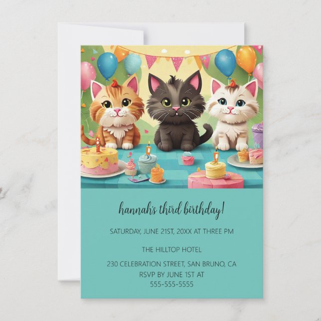 Invitation Cartoon Cats Purr-fect pour enfants fête d'anniver (Devant)