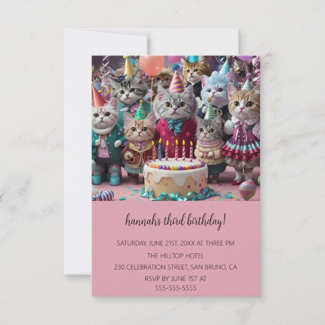 Invitation Cartoon Cats Purr-fect pour enfants fête d'anniver (Devant)