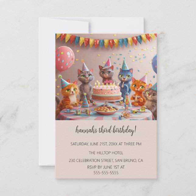 Invitation Cartoon Cats Purr-fect pour enfants fête d'anniver (Devant)