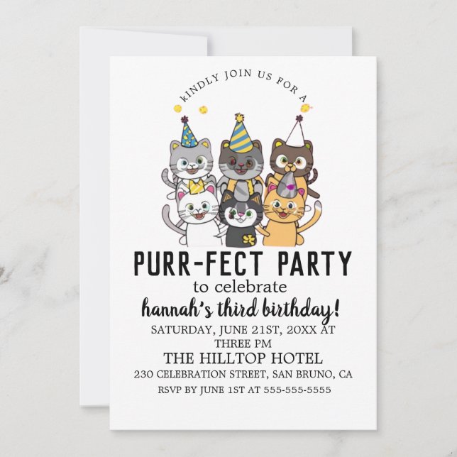 Invitation Cartoon Cats Purr-fect pour enfants fête d'anniver (Devant)
