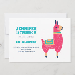 Invitation Cartoon Cute Llama Anniversaire de enfant rose cha