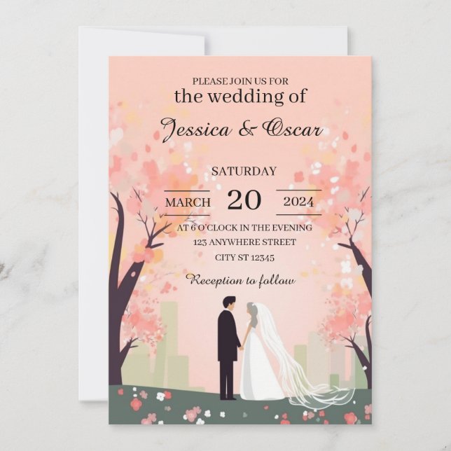 Invitation Cartoon en couple minimal avec Mariage de fleurs (Devant)