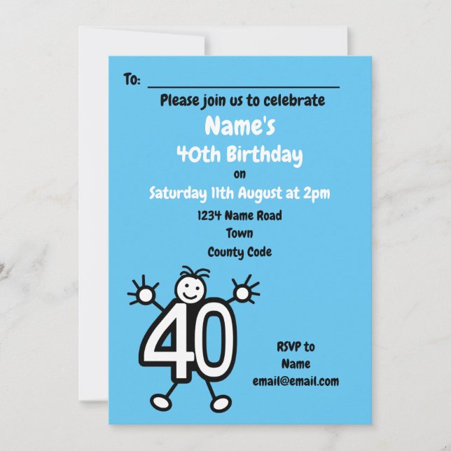 Invitation Cartoon mignon Male Blue 40e fête d'anniversaire (Devant)