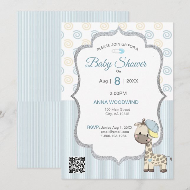 Invitation Cartoon personnalisé Baby Boy Giraffe (Devant / Derrière)