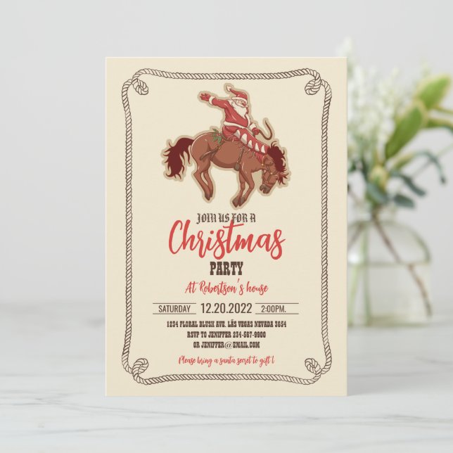 Invitation Cartoon rouge santa claus ryding on horse (Debout devant)