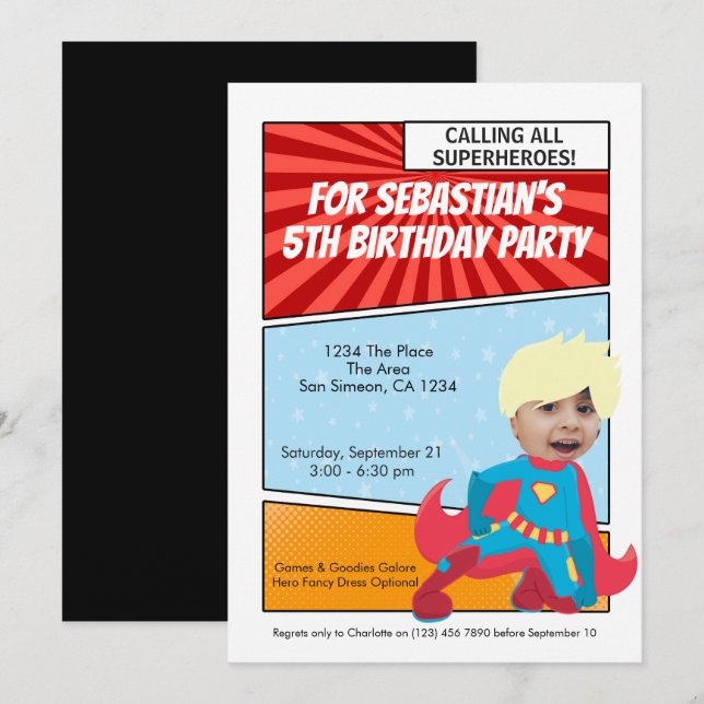 Invitation Cartoon Superhero Comic Birthday Party (blond) (Devant / Derrière)