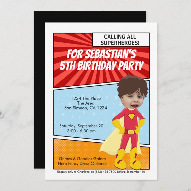 Invitation Cartoon Superhero Nouveauté Comique Anniversaire (Devant / Derrière)