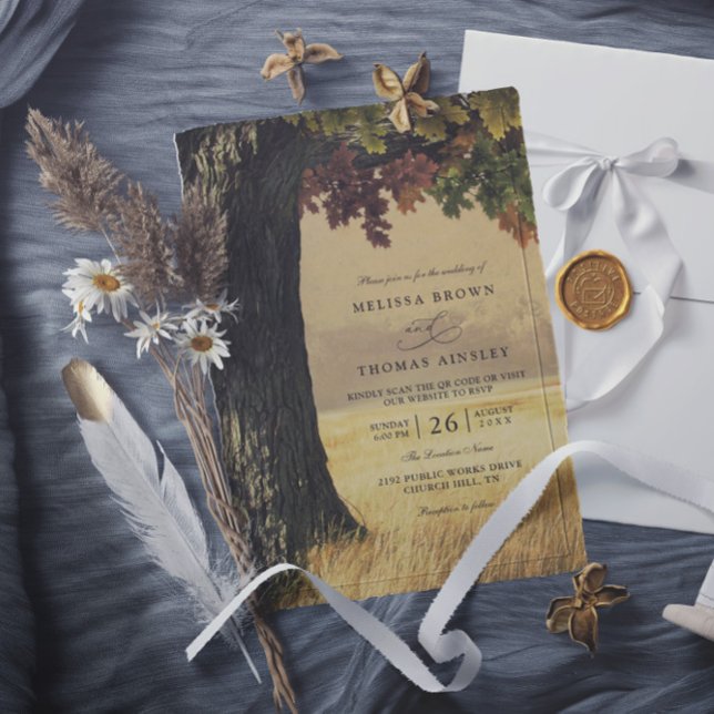 Invitation Carved Oak Tree Country Rustic QR Code Wedding (Créateur téléchargé)