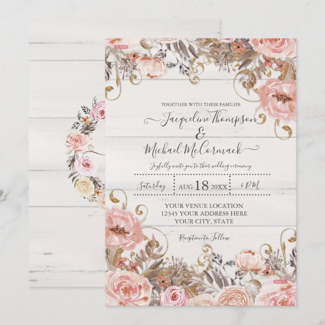 Invitation Cas de Black Blush Pink Watercolor Floral Rose Gol (Devant / Derrière)