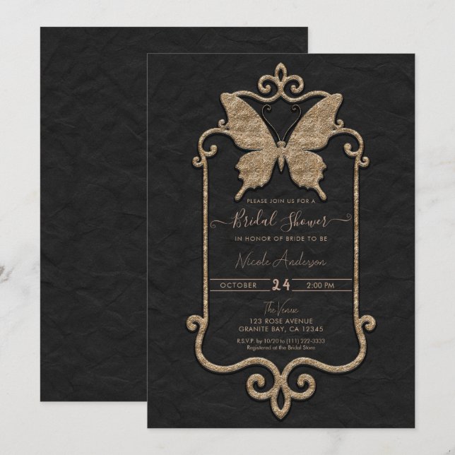 Invitation Casa Mariposa Rose & Papillon Noir Mariage (Devant / Derrière)