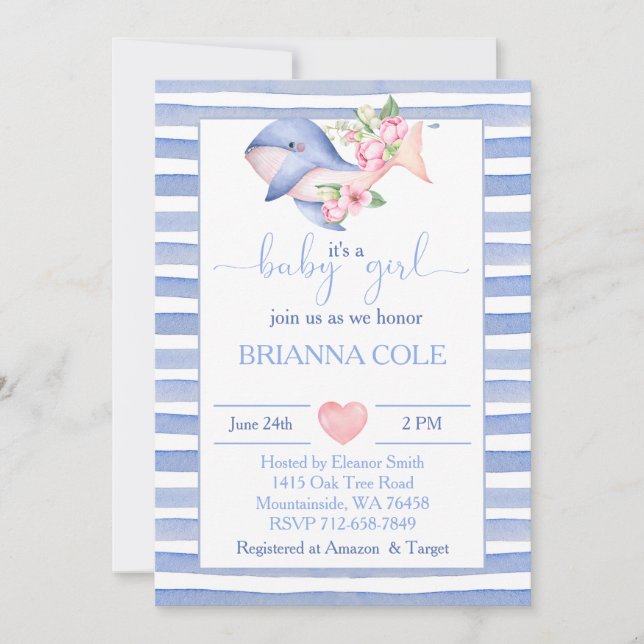 Invitation Cascade bleue nautique baleine baby shower fille (Devant)