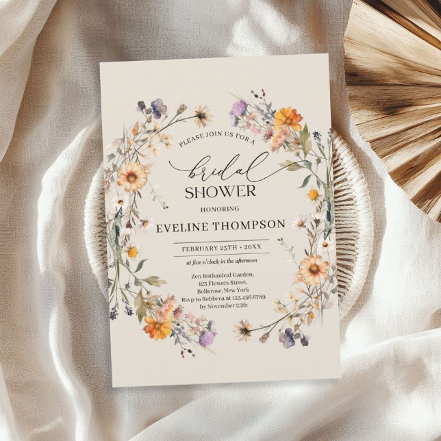 Invitation Cascade chute fleur sauvage couronne bleu orange (Watercolor fall wildflowers wreath blue orange invitation)