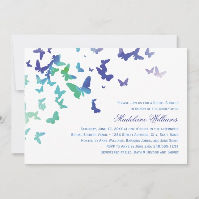 Invitation Cascade de papillons verts bleus pour mariage (Devant)