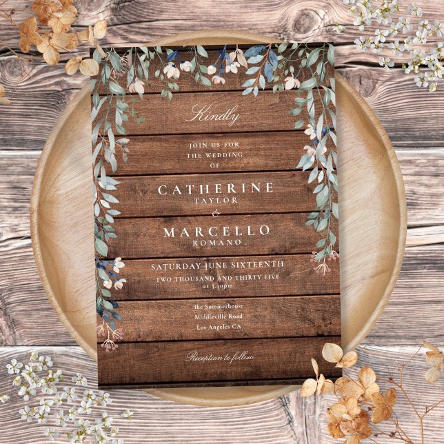 Invitation Cascade Floral de Verdure Mariage en Bois Rustique (Greenery Floral Cascade Rustic Wood Wedding Invitation)