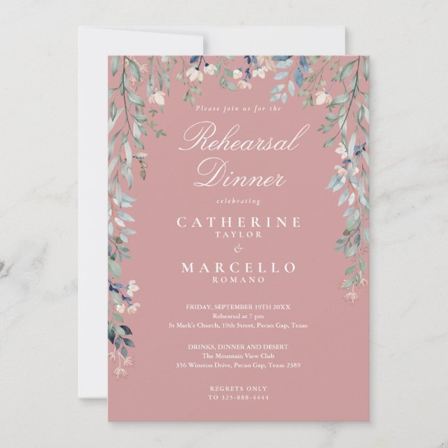 Invitation Cascade Floral Rose Poussiéreux Rose Repas de Répé (Devant)