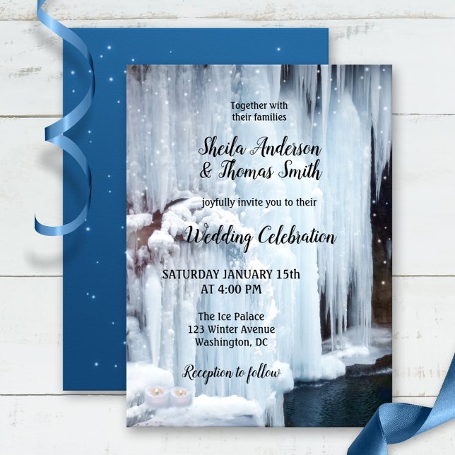 Invitation Cascade gelée Étincelle Neige Mariage d'hiver (Winter invitation featuring a frozen waterfall with candles and sparkling light snow flakes.)