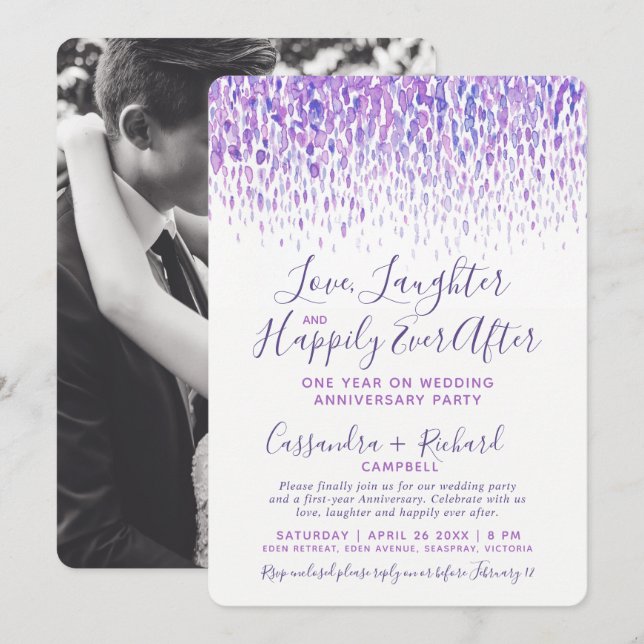 Invitation Cascade violet aquarelle 1 an de mariage party (Devant / Derrière)