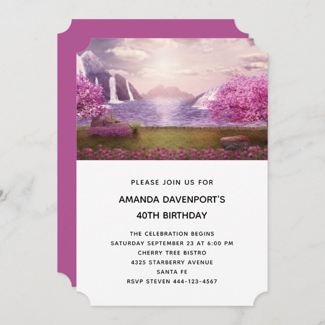 Invitation Cascades et cerisiers autour d'un lac Anniversaire (Devant / Derrière)