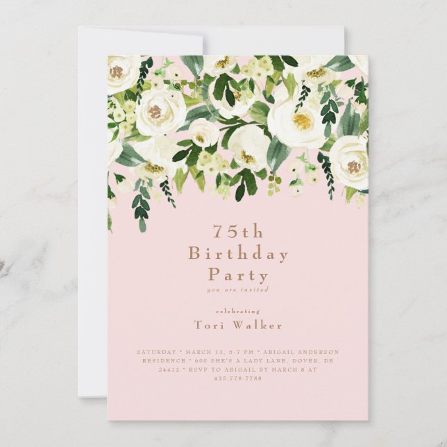 Invitation Cascading Blanc Floral 75e Anniversaire Fête Blush (Devant)