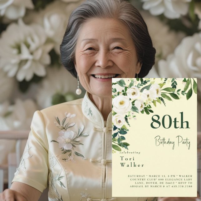 Invitation Cascading Blanc Floral Jaune 80e anniversaire (Créateur téléchargé)