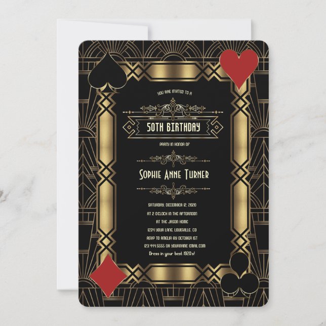 Invitation Casino Gold Art Deco Gatsby 20s Birthday Party (Devant)