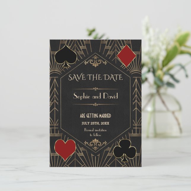 Invitation Casino Gold Black Gatsby Wedding Save The Date (Debout devant)