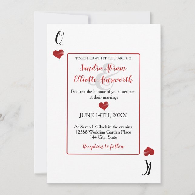 Invitation Casino Las Vegas Playing Cards Mariage Red Hearts (Devant)