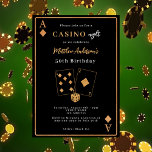 Invitation Casino nuit or noir anniversaire<br><div class="desc">Une soirée Casino à thème d'anniversaire invitation en noir et or. Une carte à jouer comme cadre. Modèles pour vos informations de fête.</div>