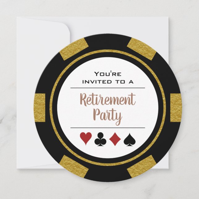 Invitation Casino Poker Chip Gold Black Retraite Party (Devant)