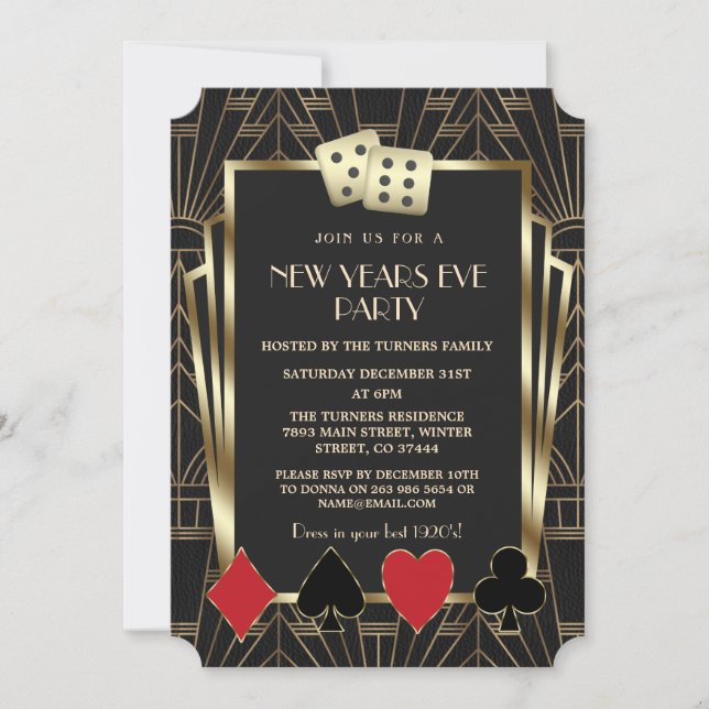 Invitation Casino Royale Vegas Grand Gatsby fête du Nouvel An (Devant)