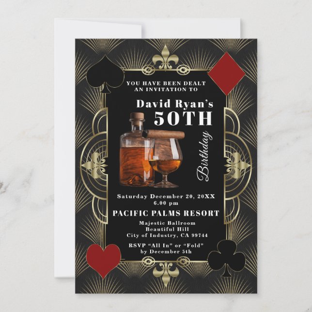 Invitation Casino Vegas Cognac And Cigar 50th Birthday Party  (Devant)