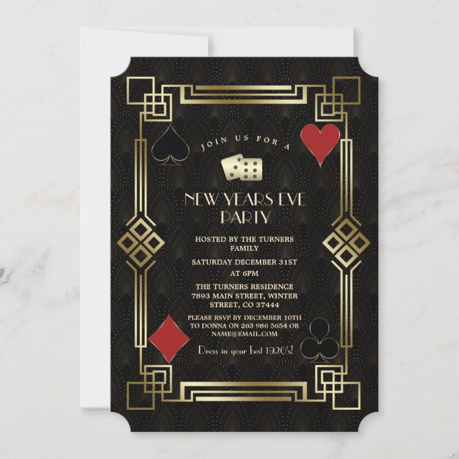 Invitation Casino vintage Vegas Gold Gatsby Nouvel An (Devant)