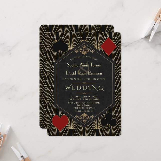 Invitation Casono Roaring 20s Great Gatsby Art Deco Wedding (Devant/Arrière en situation)