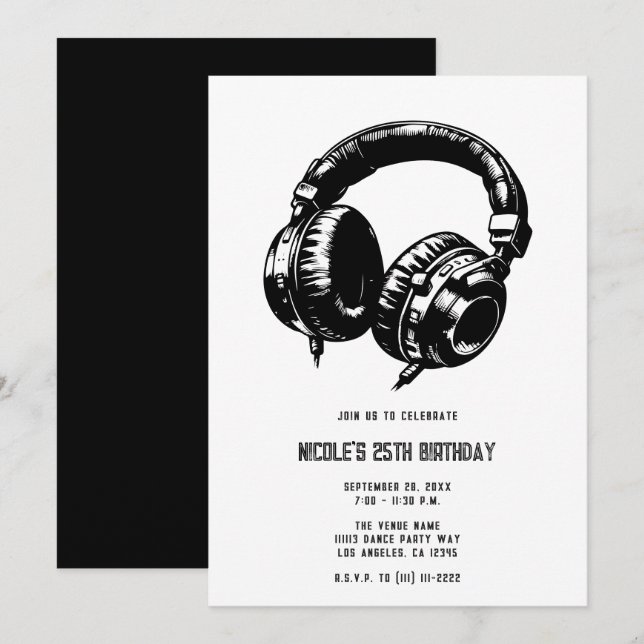 Invitation Casque audio fête de danse DJ fête d'anniversaire (Devant / Derrière)