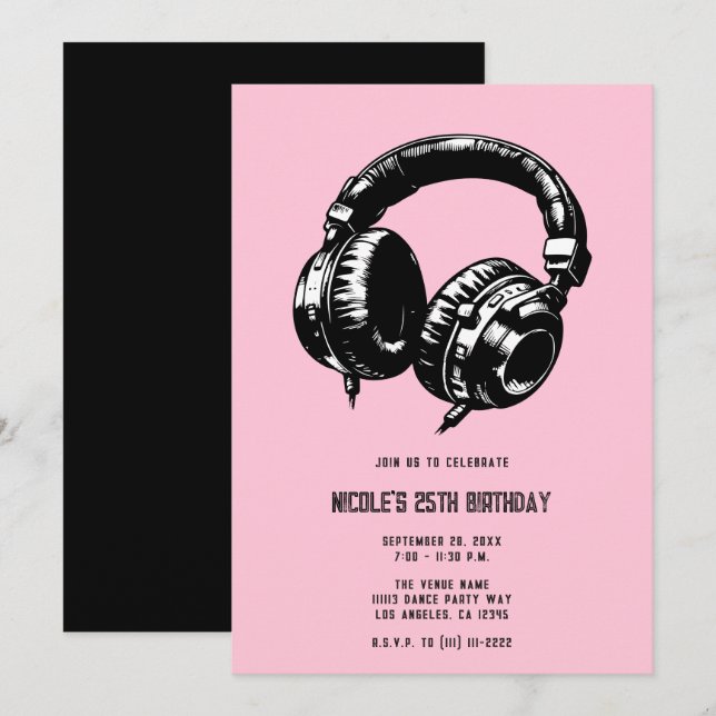 Invitation Casque Audio Musique Soirée DJ Anniversaire (Devant / Derrière)
